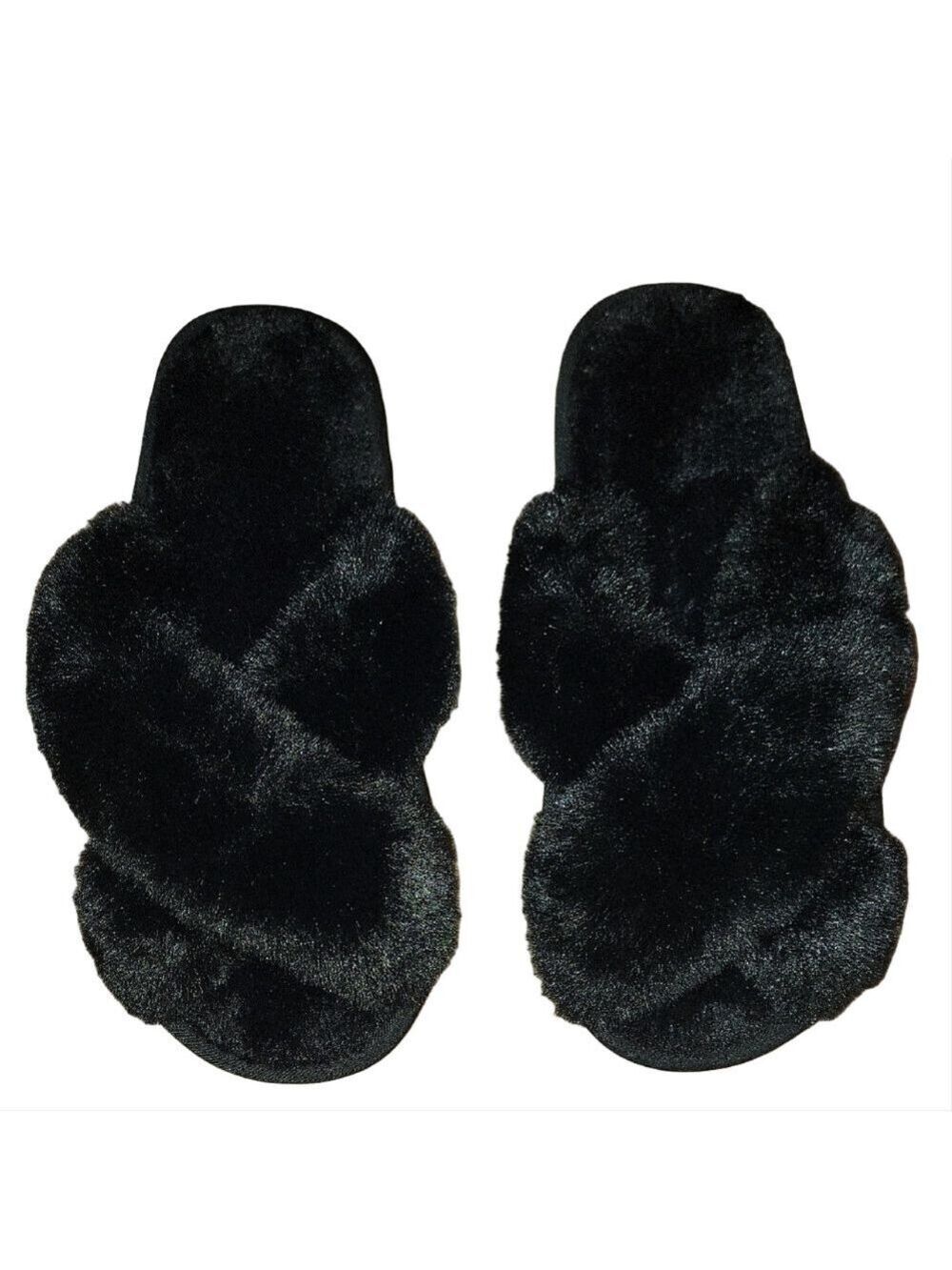 Cross Band Indoor Outdoor Soft Open Toe Black Fuzzy Slippers Size 9/10 NWOT
